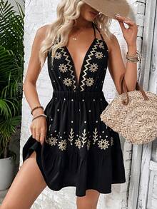 Olithes 女士深V领花卉刺绣连衣裙，度假沙滩装 - 黑色 - 查看 6