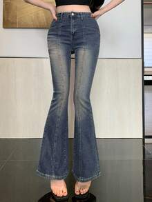 Jeans de pierna acampanada y ajuste ceñido para mujer - Azul - Ver 3