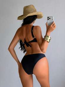 Swim SXY 一件式金属光泽亮面纯色简约连体泳衣 - 黑色 - 查看 2