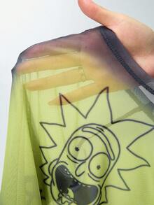 Rick and Morty X SHEIN 女士夏季时尚字母和人像图案短袖露脐紧身衣 - 綠色 - 查看 7