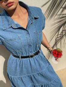 Dazy Plus Vestido vaquero de manga corta con cintura ceñida, de estilo retro lavado azul con cuello de solapa y apertura frontal, para primavera/verano - Azul lavado medio - Ver 6