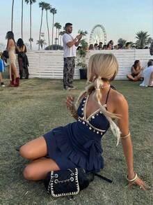 SHEIN MOD 女士海星饰边系腰露背迷你连衣裙 - 藏蓝色 - 查看 2