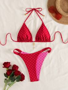 Swim Mod Bộ bikini nữ mùa hè mới, thời trang đi nghỉ mát bên bờ biển, ngọt ngào, dễ thương, họa tiết chấm bi tương phản, hai mặt, kiểu buộc dây cổ sau lưng, gợi cảm. - Nhiều màu - Xem 8