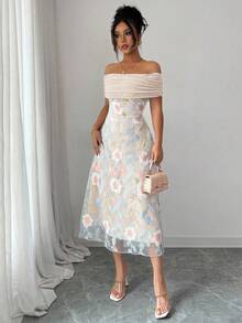 Modelyn Vestido de verano minimalista y sexy con hombros descubiertos, bordado, parches de malla y volantes de punto de poliéster para mujer - Albaricoque - Ver 8