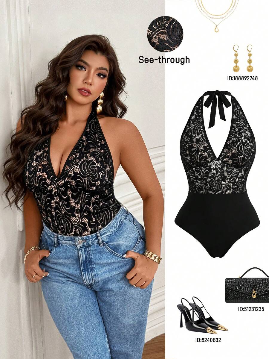 Femmeverse 新款春夏性感透视蕾丝拼接深V领露背蝴蝶结褶皱连体衣 - 黑色 - 查看 1
