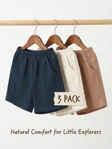 SHEIN Vintaside Kids 3入組男嬰休閒短褲 素色皺褶紋理 寬鬆版型 柔軟透氣 多入裝 夏季海灘校園穿搭褲 - 彩色 - 查看 7