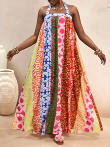 VaVaBold 2026新款女士彩色条纹撞色印花长款吊带连衣裙，超宽下摆，花卉图案夏季吊带裙，沙滩长裙，适合度假和休闲海滩穿着，领口可系带 - 彩色 - 查看 3