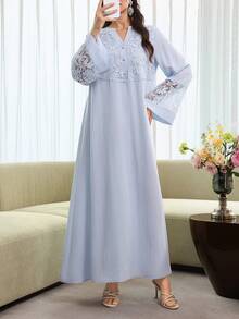 Al Najma Spring/Summer Fashion V-Neck Flare Sleeve Patchwork 3D Embroidery Ruffle Hem Robe Islamic Dresses Abaya For Women Modest Dress Dress With Lace Sleeves - Baby Blue - View 8