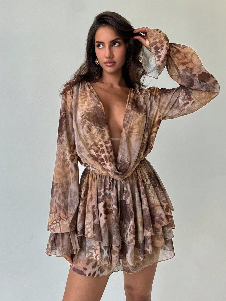 Aloruh Boho Print Long Sleeve Autumn Mini Street Dress - Multicolor - View 1