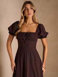 Enchnt Đầm nữ màu trơn tối giản cổ vuông, kiểu dáng thường ngày. - màu nâu - Xem 2