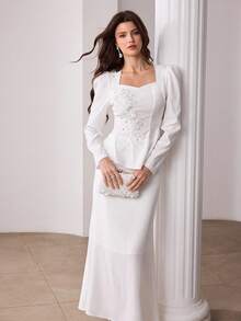 Modelyn 春夏优雅方领刺绣花瓣袖上衣搭配鱼尾裙 - 白色 - 查看 6