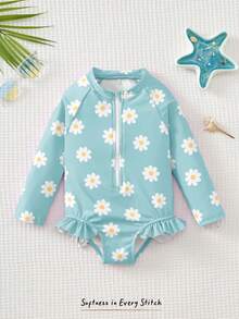 Cozy Pixies Baby Girls' Floral Print Long Sleeve Zipper One-Piece Swimsuit, Summer Beach Holiday - Blue - View 8