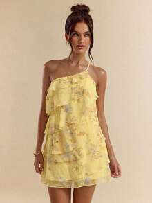 SHEIN BAE Yellow Floral Asymmetrical Shoulder Ruffle Layered Mini Dress, Spring/Summer - Yellow - View 4