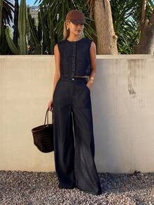 DAZY Conjunto casual de mezclilla para mujer con chaleco sin mangas de cuello redondo y abierto al frente, y pantalones vaqueros rectos y sueltos - Azul lavado oscuro - Ver 7