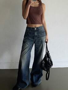 DAZY Jeans de tiro bajo con campana para mujer, casuales y sexys estilo Y2K - Azul lavado oscuro - Ver 6