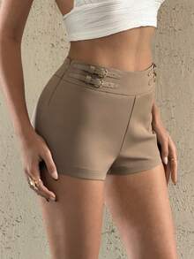 Bluhae Stylish Khaki Mini Shorts For Women Casual Woven Fabric Plain Design With Decorative Buckles - Khaki - View 5