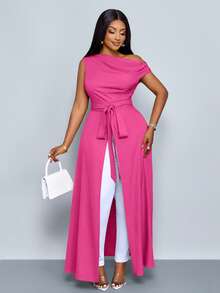 SOLERSUN Damen Große Größen Bluse mit asymmetrischem Ausschnitt, Schlitz-Oberschenkel, Bindeband Vorderseite, Einschulter Shirts - Rosenrot - Übersicht 5