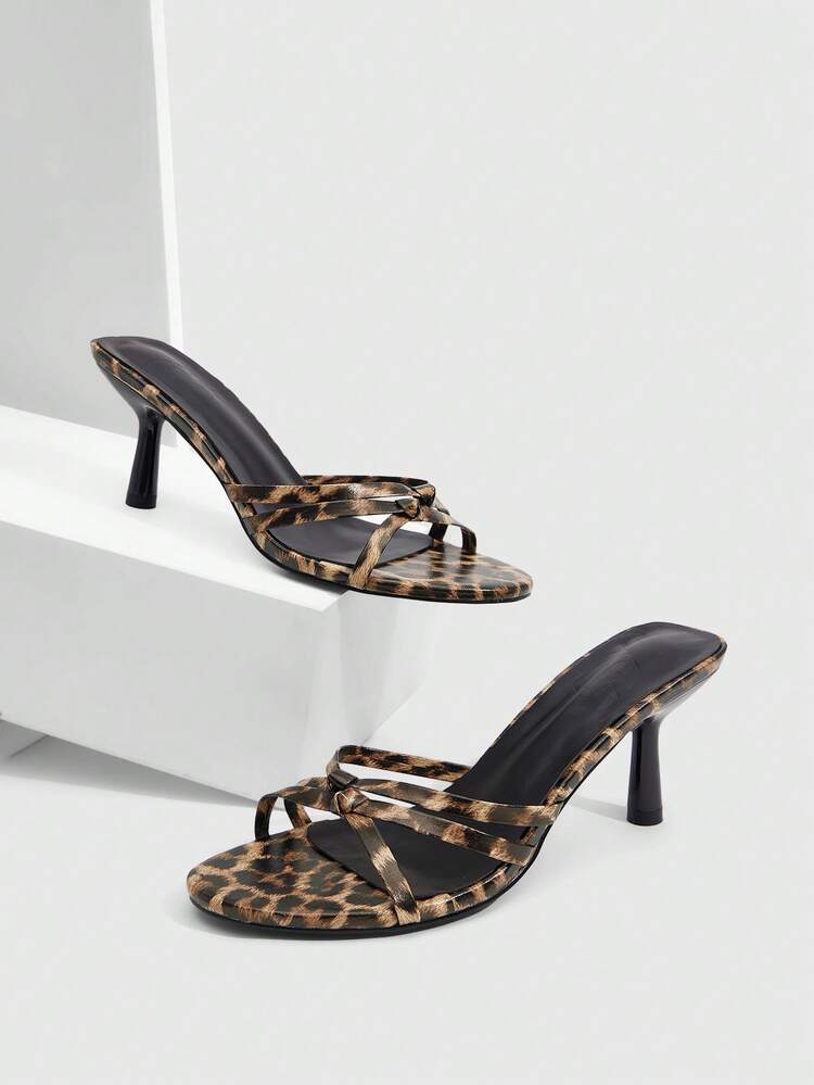 CUCCOO SZL Leopard Print PU Criss-Cross Knotted Strap Fashionable Commute Daily Round Toe High Heel Sandals For Women Spring Shoes
