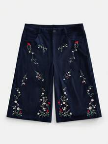 ROMWE MEN Casual 男士休闲灯芯绒花卉刺绣短裤 - 藍色 - 查看 7