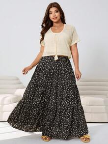Solflare 3pcs Set:Plus Size Black And White Summer Boho Vacation Holiday Apricot Crochet Tie Top,White Knit Tube Top,Floral Layered Ruffle Midi Skirt Outfit - Multicolor - View 7