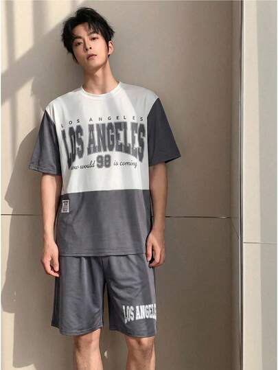 两件套夏季时尚撞色圆领针织短袖上衣和短裤睡衣套装，舒适柔软亲肤，适合春夏季穿着。