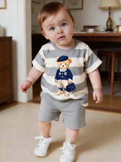 Souflis Souflis Baby Boy Fashionable & Comfortable Casual Crew Neck Short Sleeve T-Shirt Set, Featuring Cute Bear Print And Striped Pattern Design, Loose Fit Crew Neck Tee, Suitable For Spring/Summer Wear, Casual Street Style, Outdoor Picnic, School, Holiday, Gift