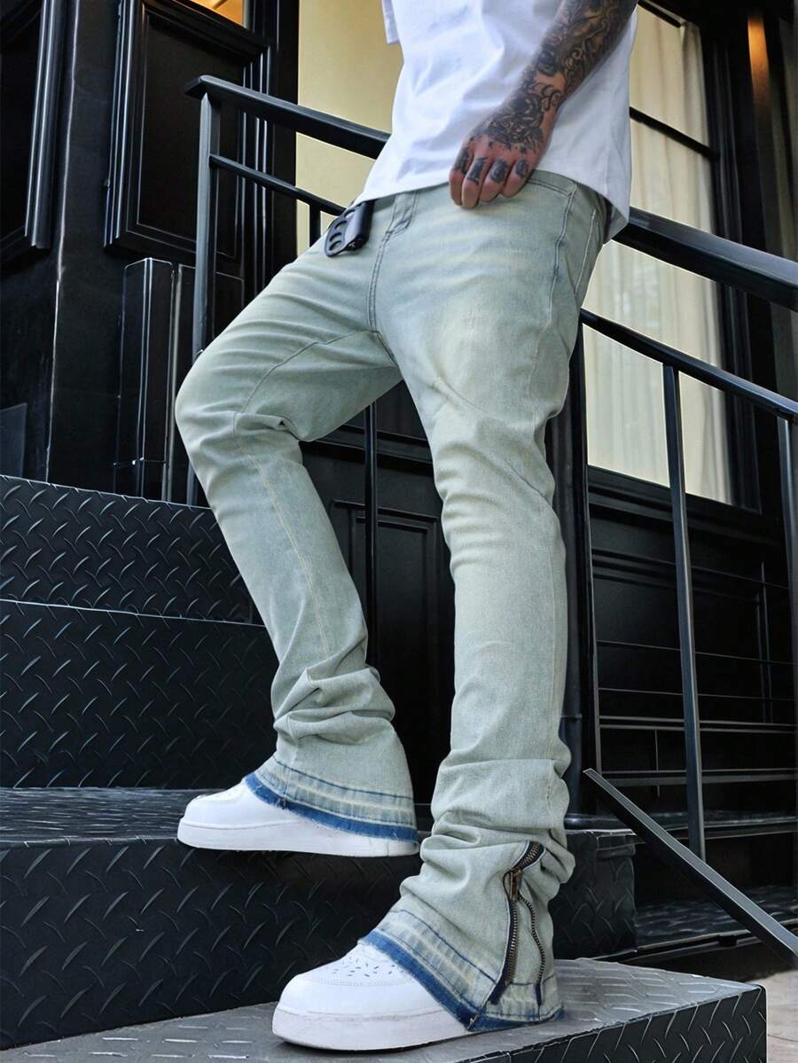 GALLERY FADE 男士浅色水洗叠层喇叭牛仔裤，踝部拉链，时尚长款 Y2K 街头风格休闲男士拉链牛仔裤 - 淺色水洗藍 - 查看 1