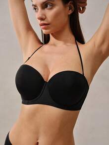 Veilyse Women's Solid Color Half Cup Comfort Bra Underwire Push-Up Multi-Strap Halter Bra Suitable For All Seasonsfor Summerfor Summer - Black - View 5