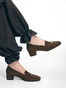 Mnmlis Mocasines de tacón grueso para mujer, zapatos de punta cuadrada con hebilla de metal de ante de moda - Café integral - Ver 11