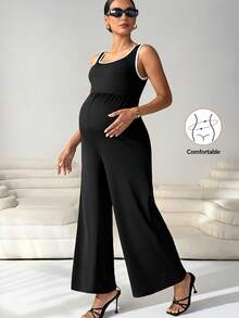 MaterniWear Pregnant Women's Summer Casual Commuting Contrast Binding Wide Leg Jumpsuit Without Belt - Black and White - View 7
