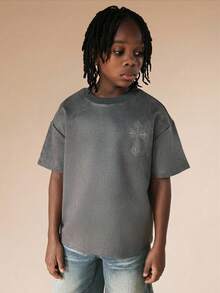 SUMWON Boys Charcoal Gray Short Sleeve Crew Neck T-Shirt With Large Back Cross Graphic Print Casual Tee - Grey - View 2