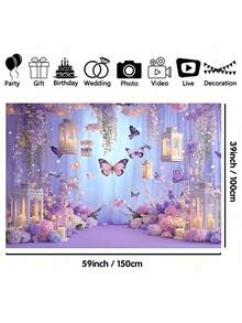 1pc 2d Flat, Glamorous Butterfly Party Backdrop, Polyester Material, Purple Background, Rectangular Photography Backdrop, Bohemian Style, Decorated With Purple Butterflies And Flowers. Suitable For Birthday And Wedding Decorations, Living Room And Bedroom Decorations, Office Decorations, Multi-Seasonal Use, Gifts, Photo Props. Available In Multiple Sizes. - Multicolor - View 4