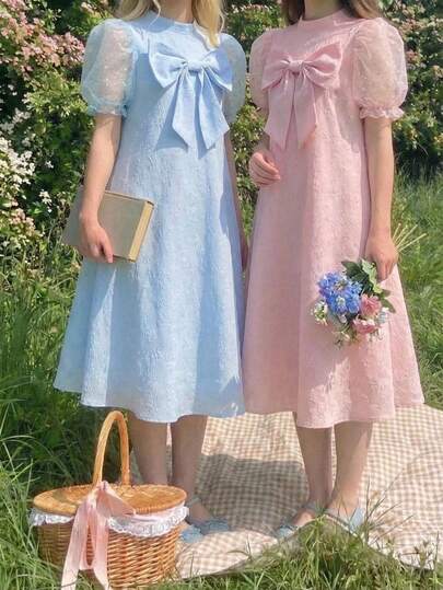 Tween Girls' Elegant Floral Contrast Mesh Bow Dress, Suitable For Party And Gathering, Short Sleeve