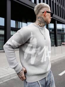 Artur Kramer 男士休闲字母图案圆领长袖针织毛衣，秋冬 - 灰色 - 查看 6