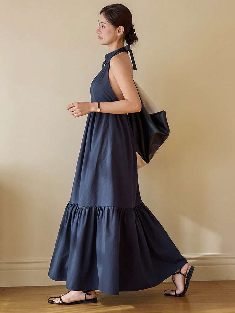 Women's Solid Color Ruffle Hem Maxi Halter Dress