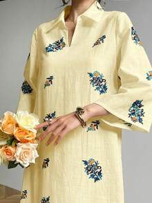 Modelyn 领口镂空刺绣休闲连衣裙 - 黃色 - 查看 3