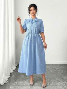 Elenzga 大码女装畅销款法式优雅蝴蝶结领收腰A字短袖连衣裙，适合日常通勤、约会、旅行、拍照和休闲外出。 - 藍色 - 查看 4