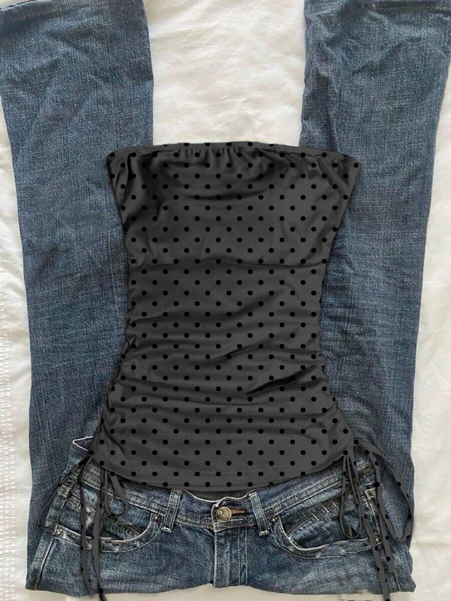 SHEIN EZwear 女士休闲抽绳系结露脐抹胸上衣 - 彩色 - 查看 1