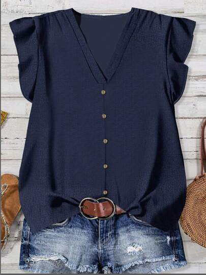 Rusticease Women's Casual Solid Color Shirt, Suitable For Summer, Navy Blue,Summer Top