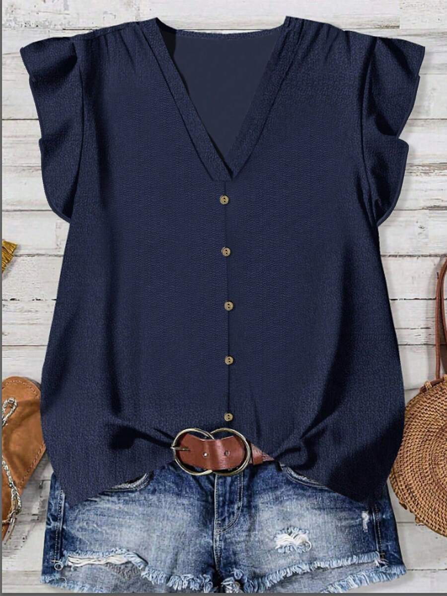 SHEIN LUNE Women's Casual Solid Color Shirt, Suitable For Summer, Navy Blue,Summer Top - Navy Blue - View 1