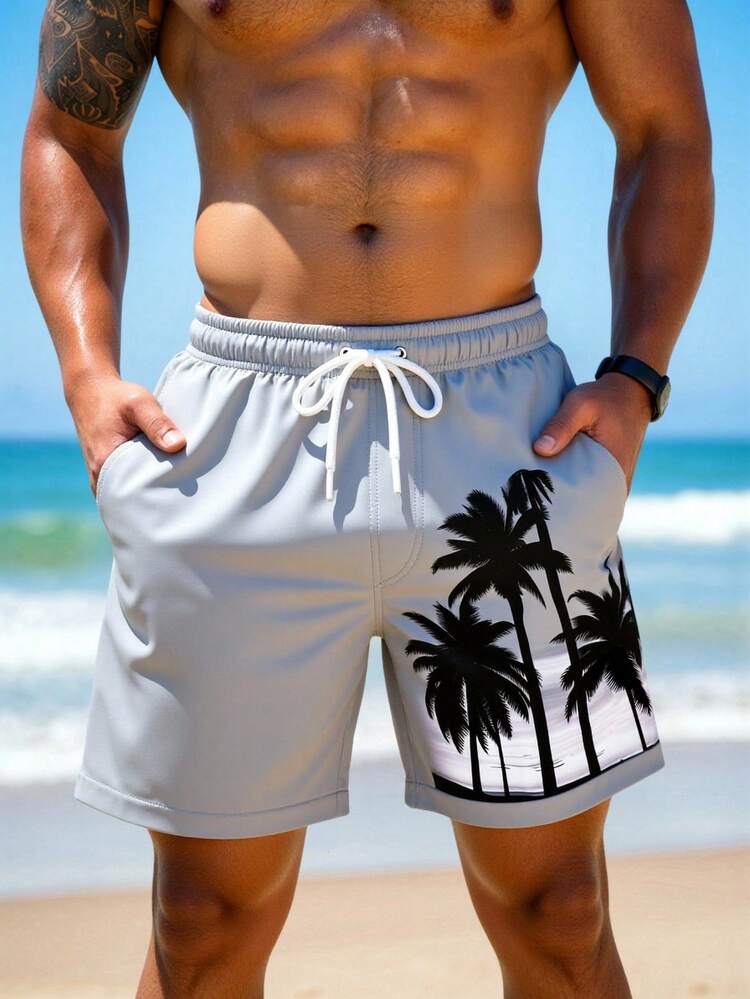 Manfinity Swimmode Men's Summer Vacation Tropical Palm Tree Print Drawstring Waist Beach Shorts - Light Grey - View 6