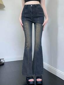 Jeans de pierna acampanada y ajuste ceñido para mujer - Azul - Ver 2