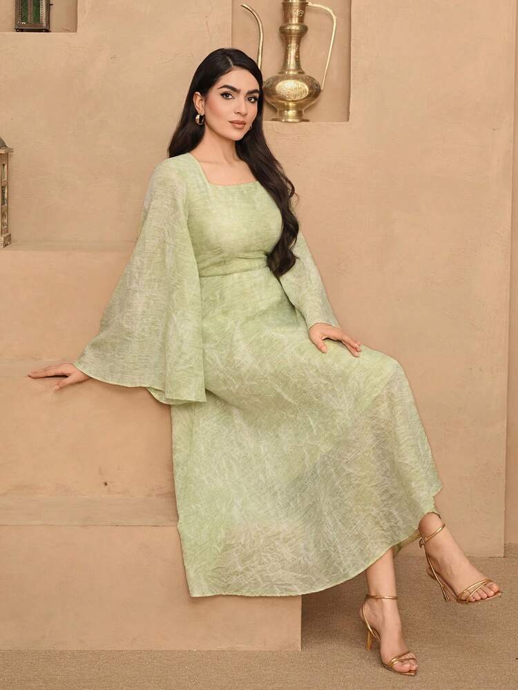 Spring & Summer Green Batwing Sleeve Shawl Collar Maxi Dress, Elegant For Valentine's Day, Wedding, Party, Formal Occasion, Fashion, Commute, Floral Print Long Sleeve Midi Dress For Women Sundress