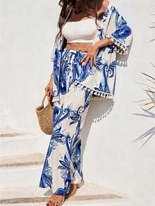 Breezaya Conjunto de 2 piezas estilo bohemio holgado para mujer, que incluye un cárdigan tipo salida de playa con estampado de flores de paisley, puños con flecos y abertura frontal, junto con pantalones de pierna ancha, perfecto para primavera y verano. - Azul - Ver 4