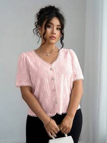 Elenzga 女士优雅波西米亚风V领休闲短袖杏色衬衫，夏季必备 - 淺粉色 - 查看 7