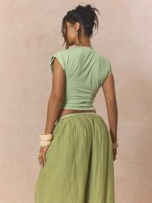 MUSERA Áo thun cổ tròn tay ngắn với chi tiết xếp ly phía trước, kiểu dáng dễ thương, thích hợp cho mùa xuân, lễ hội, nữ tính, phong cách ngọt ngào, mùa hè. - Màu xanh Ô liu - Xem 4