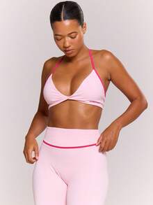 Musera Sport Áo ngực thể thao với đường may tương phản và chi tiết thắt nút phía trước, thích hợp cho tập luyện thể thao, tập gym, pilates, thể dục, hàng ngày, nữ tính, thường ngày, năng động, đổ mồ hôi. - Hồng - Xem 3