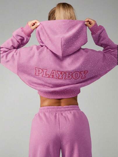 Missguided x Playboy Sudadera con capucha y cremallera corta con detalles de diamantes y logo frontal para mujer