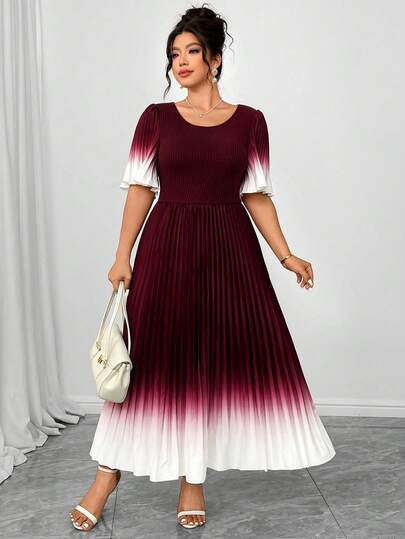 Elenzga 大码女士休闲连衣裙，圆领荷叶边短袖，3D渐变印花，优雅适合下午茶和通勤，舒适的棕色A字褶皱长裙