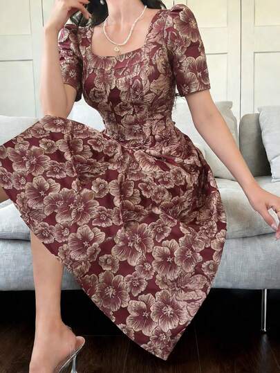 DAZY 女士提花褶裥优雅收腰长款派对连衣裙